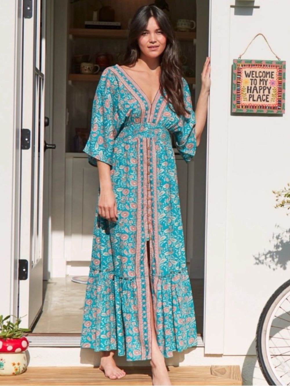 Natural Life Celia Floral Tiered Maxi Dress Smocked Boho Resort SZ M